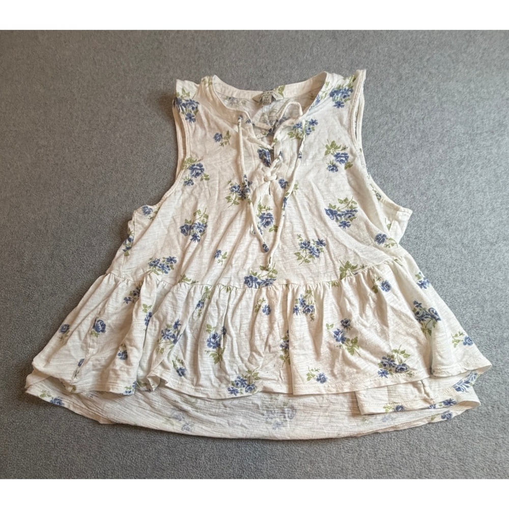 Lucky Brand Top Tank Small White Blue Floral Peplum Sleeveless Small